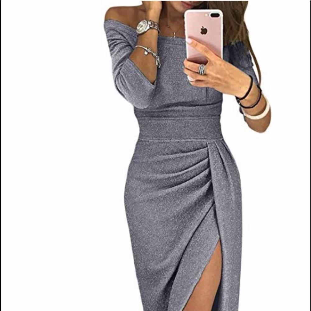 Silver metallic evening gown with slit